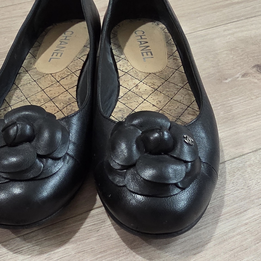 Chanel Black Leather Flats with Floral Detail